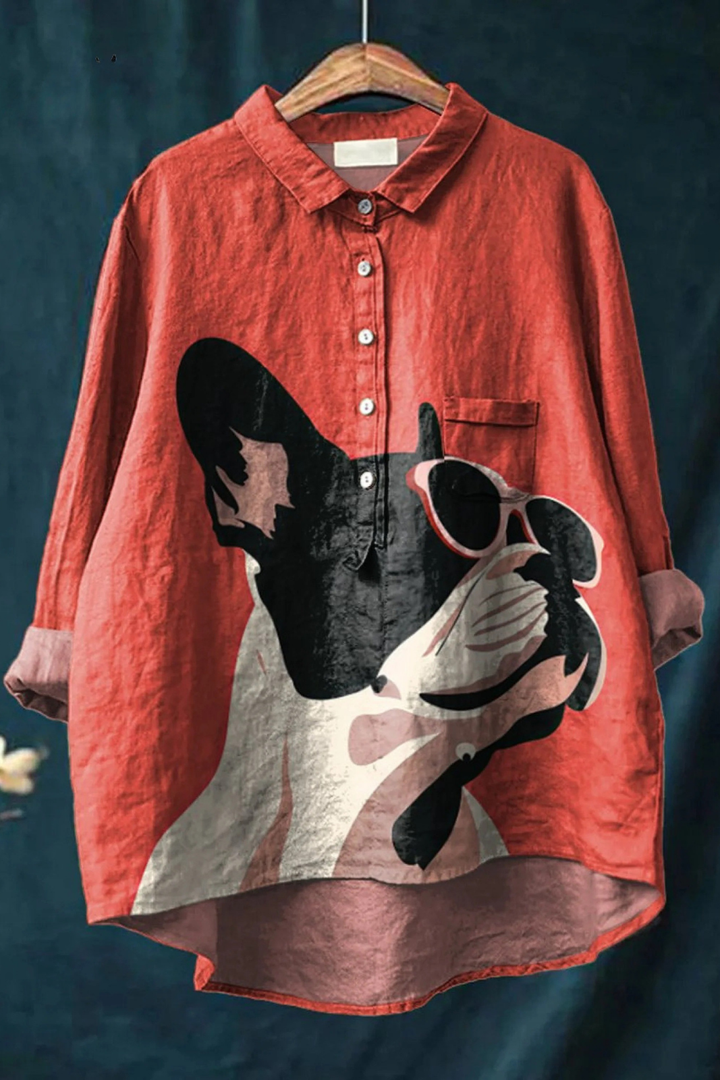 Decorative Pattern of French Bulldog Wearing Sunglasses On Red Background Casual Shirt