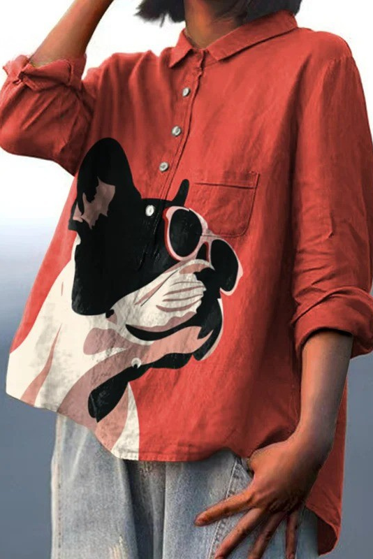 Decorative Pattern of French Bulldog Wearing Sunglasses On Red Background Casual Shirt