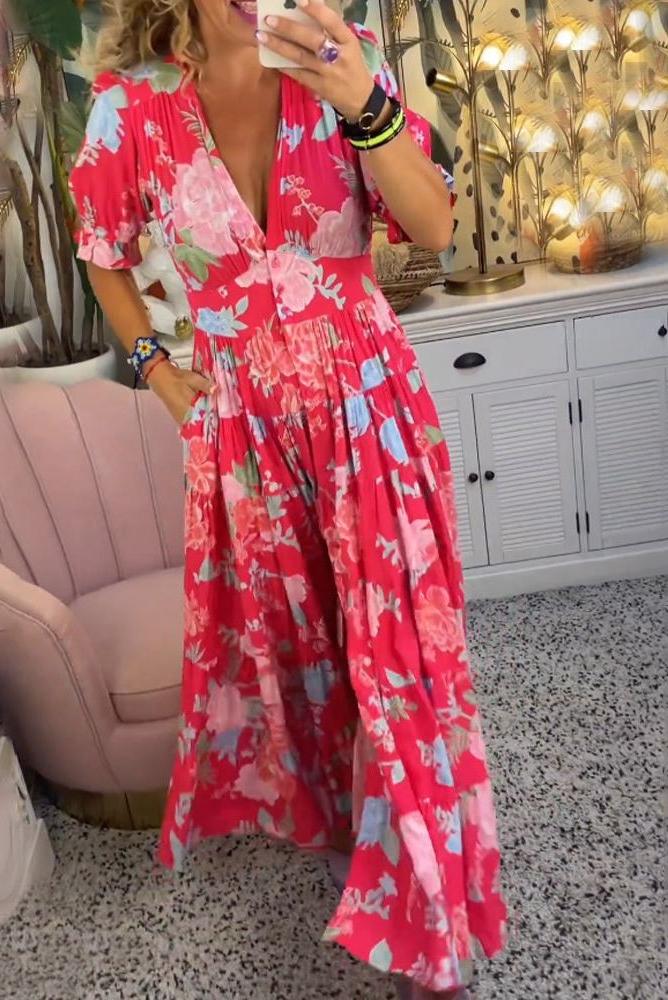 Reagan - V-Neck Short Sleeve Floral Maxi Dress