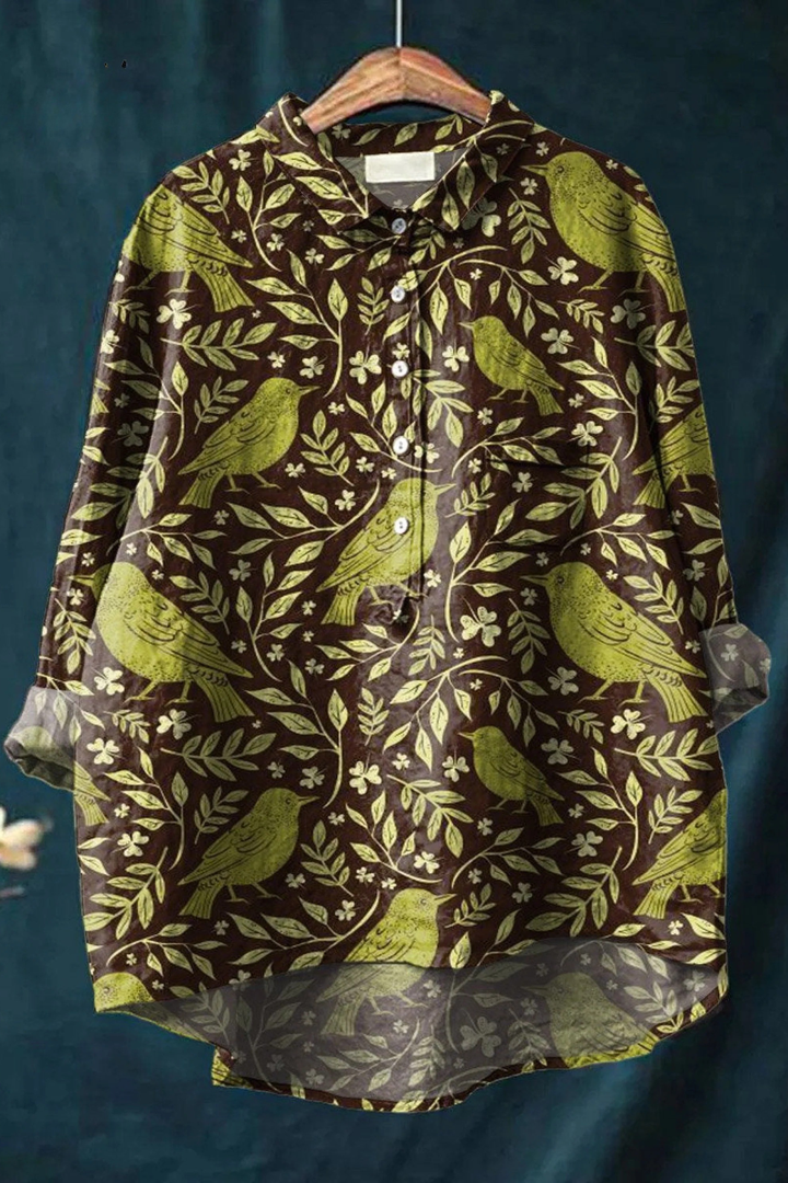 Women's Vintage Floral Birds Art Print Casual Shirt