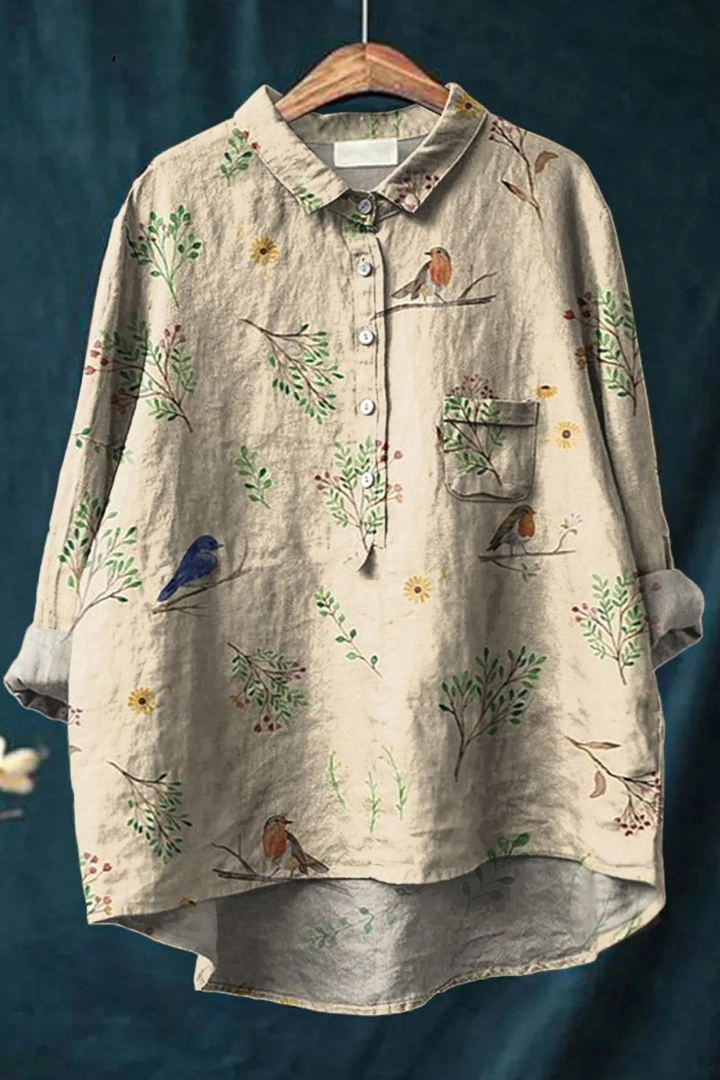 Boughs And Robin Birds Pattern Printed Women's Casual Shirt