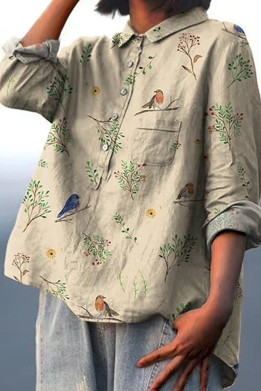 Boughs And Robin Birds Pattern Printed Women's Casual Shirt