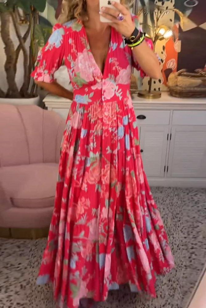 Reagan - V-Neck Short Sleeve Floral Maxi Dress