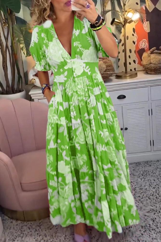 Reagan - V-Neck Short Sleeve Floral Maxi Dress