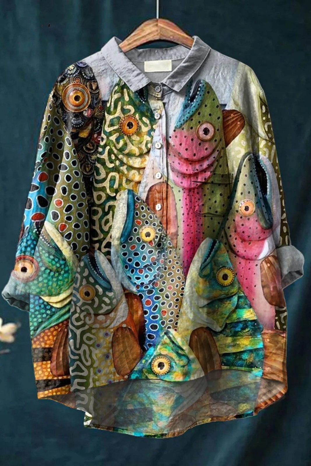Vintage Funny Fish Art Print Casual Shirt