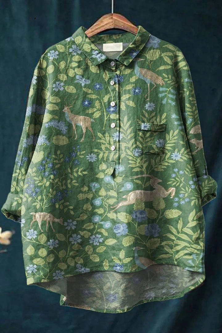Women's Vintage Floral Animals Art Print Casual Shirt