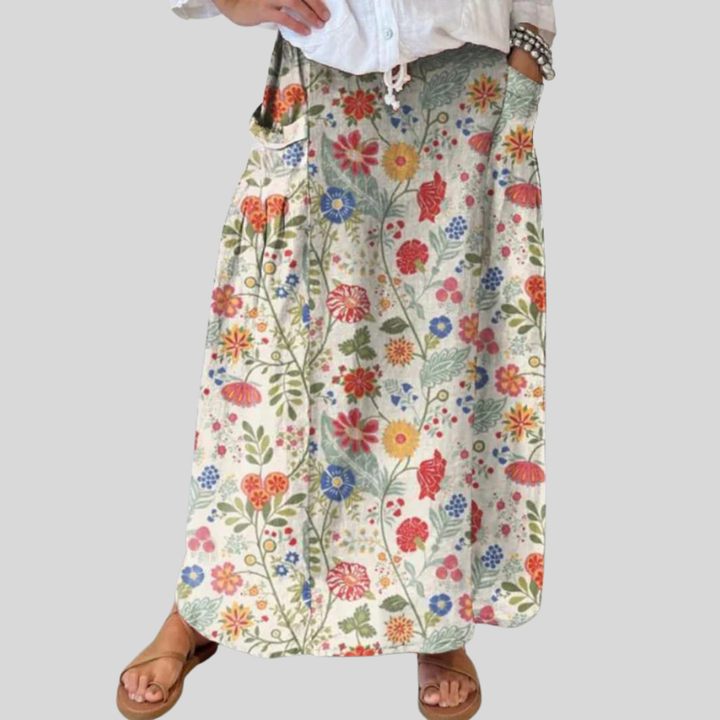 Women's Floral Print Linen Elastic Waistband Pocket Skirt
