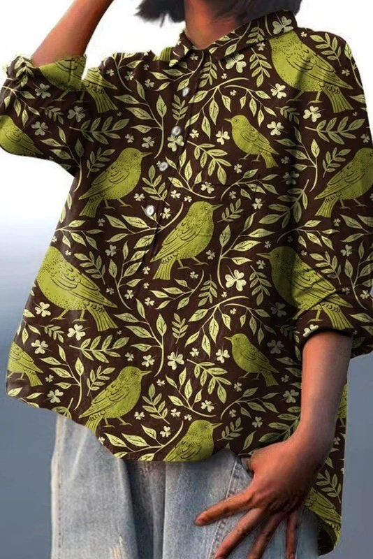 Women's Vintage Floral Birds Art Print Casual Shirt