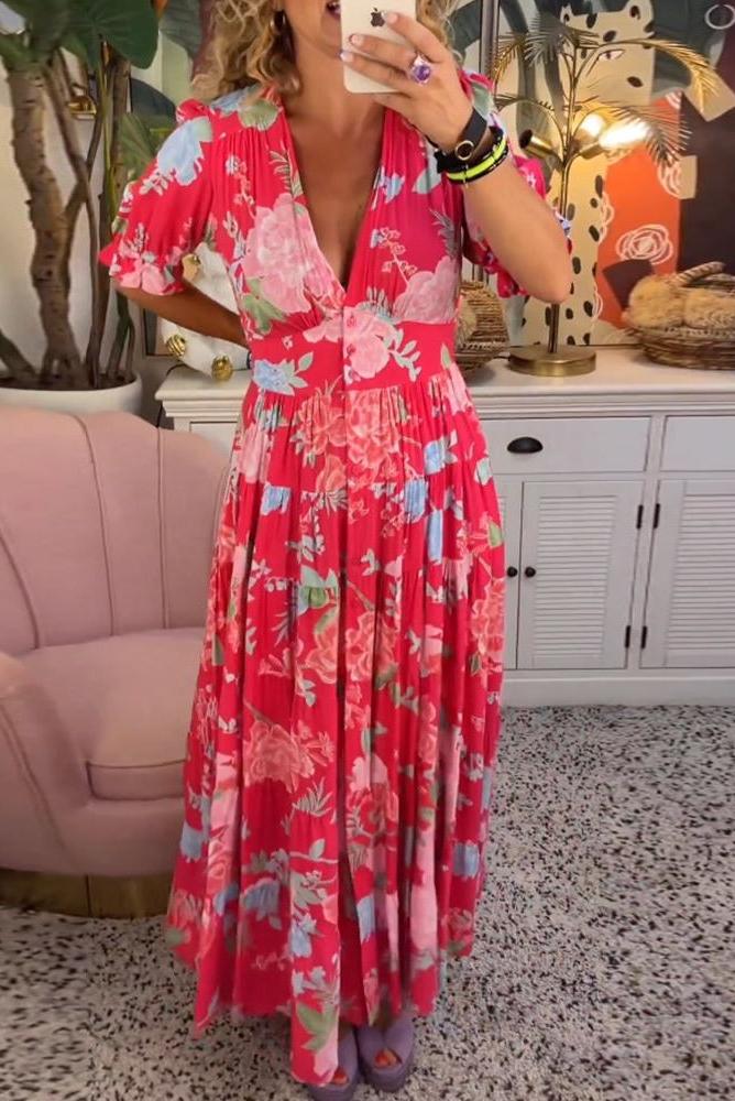 Reagan - V-Neck Short Sleeve Floral Maxi Dress