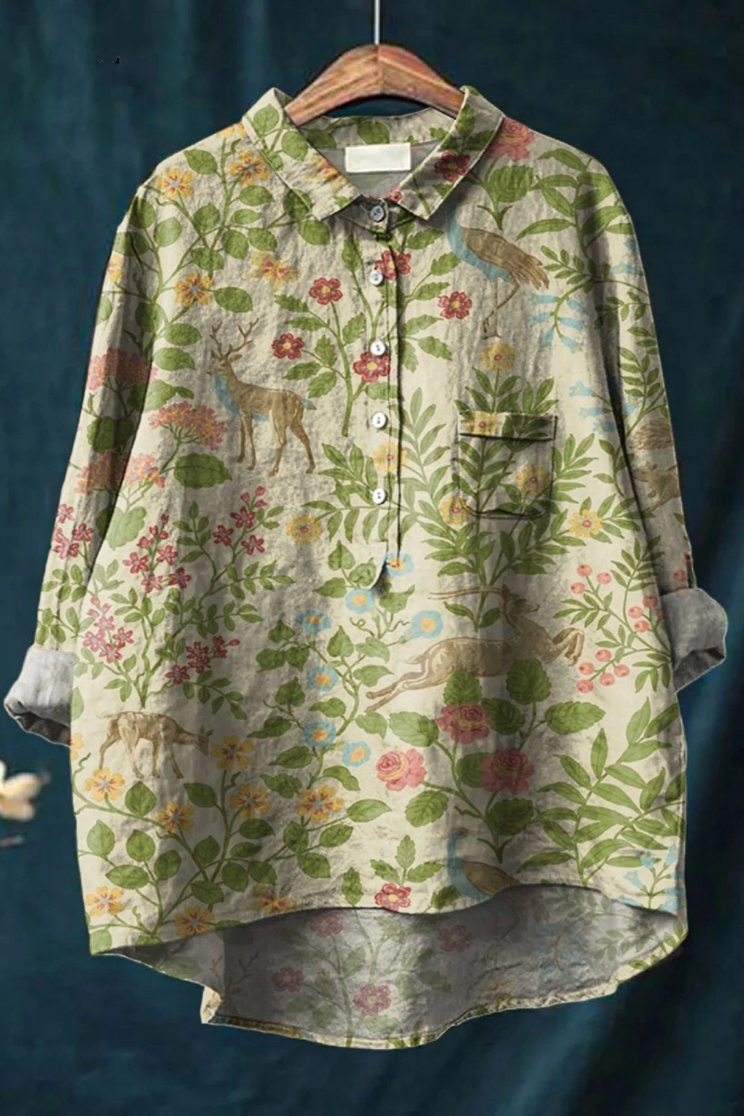 Women's Vintage Floral Animals Art Print Casual Shirt