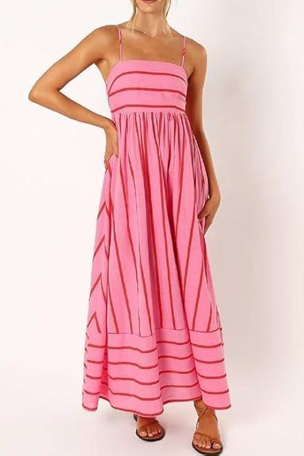 Elsie - Women’s Slash Neck Stripe Slip Maxi Dress