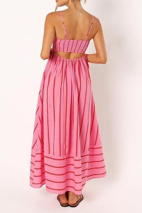 Elsie - Women’s Slash Neck Stripe Slip Maxi Dress