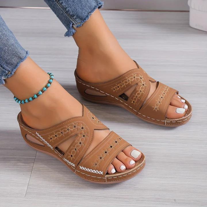 Nadia | Women's Orthopedic Wedge Sandal Featuring Cutout Design and Handcrafted Stitching