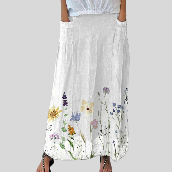 Watercolor Spring Meadows Art Printed Women's Linen Elastic Waistband Pocket Skirt