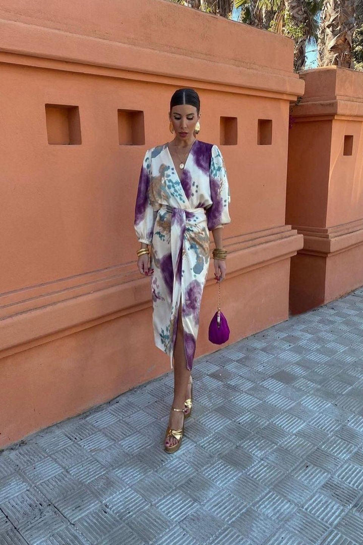 Davina - Elegant V-Neck Long Sleeve Split Maxi Dress