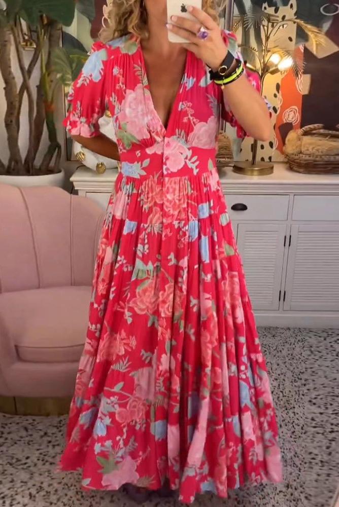 Reagan - V-Neck Short Sleeve Floral Maxi Dress