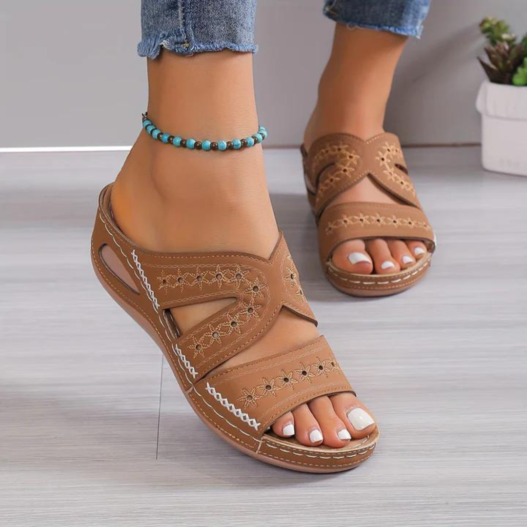 Nadia | Women's Orthopedic Wedge Sandal Featuring Cutout Design and Handcrafted Stitching