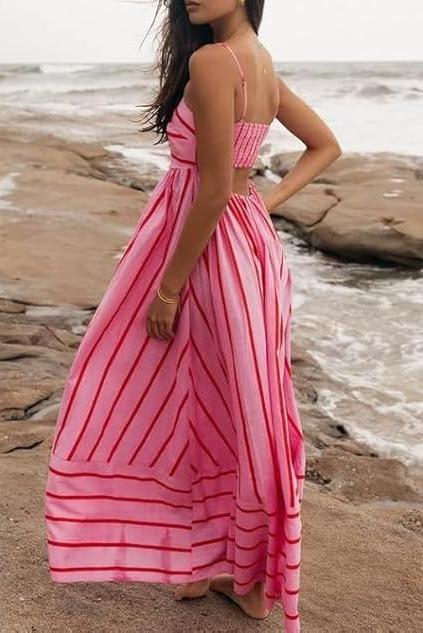 Elsie - Women’s Slash Neck Stripe Slip Maxi Dress