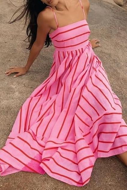 Elsie - Women’s Slash Neck Stripe Slip Maxi Dress