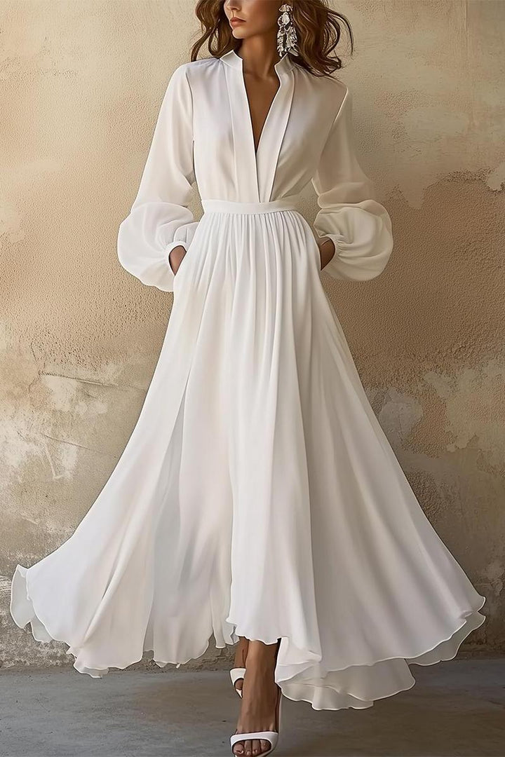 Laura - Vintage-Inspired White V-Neck Maxi Dress