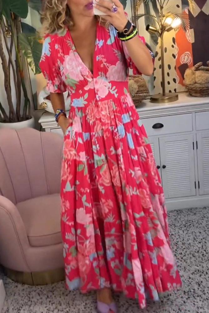 Reagan - V-Neck Short Sleeve Floral Maxi Dress