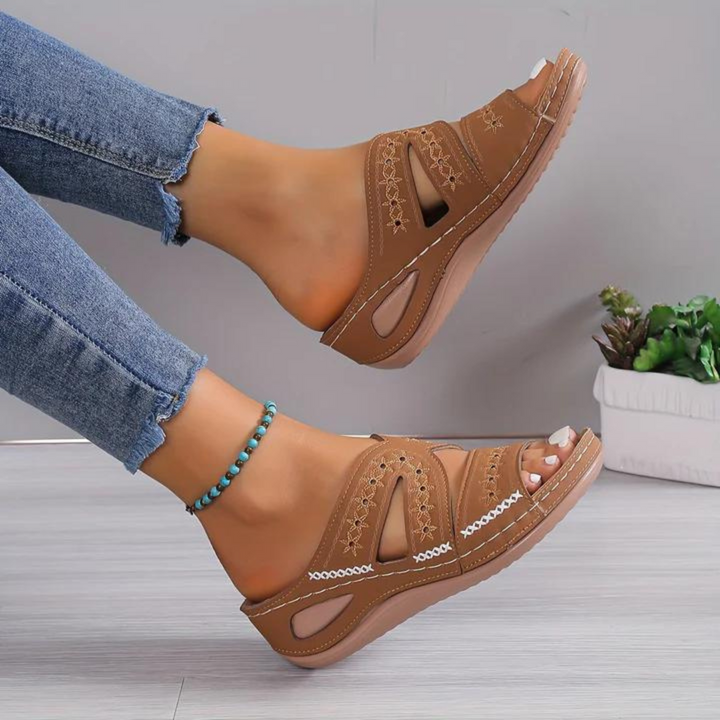 Nadia | Women's Orthopedic Wedge Sandal Featuring Cutout Design and Handcrafted Stitching