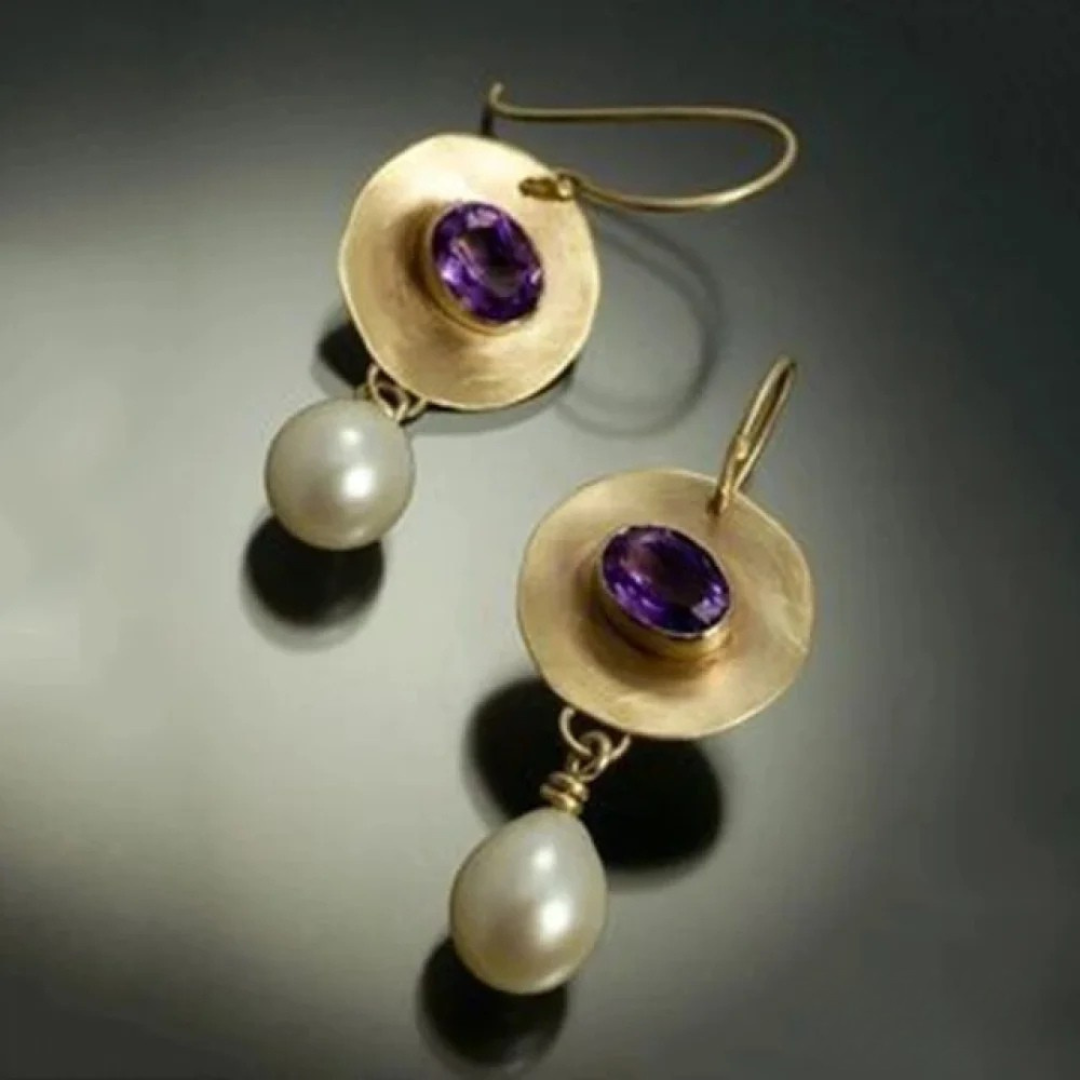 Vintage Goldene Lila Zirkonia Perlen Ohrringe