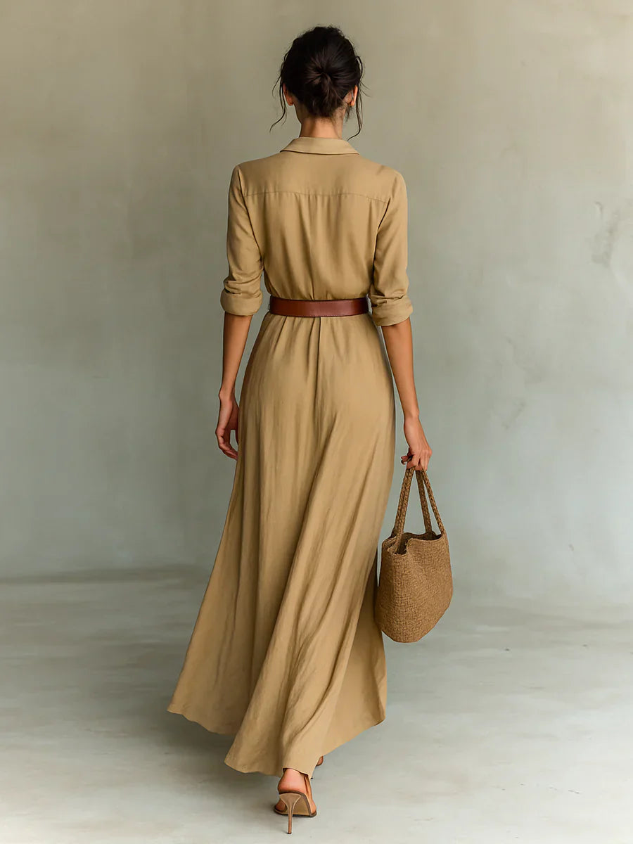 Camille™ | Lapel Maxi Dress with Waist Belt