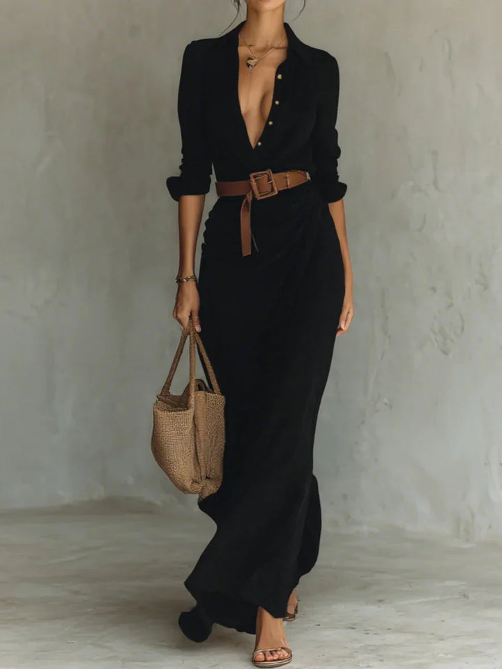 Camille™ | Lapel Maxi Dress with Waist Belt
