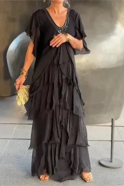 Blaise - Ruffled Short Sleeves V-Neck Maxi Dress
