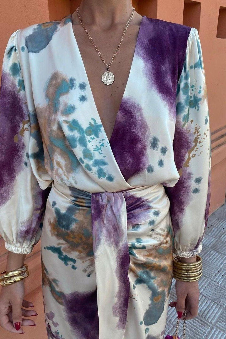 Davina - Elegant V-Neck Long Sleeve Split Maxi Dress