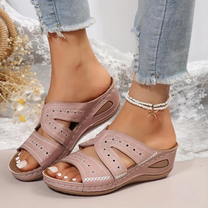 Nadia | Women's Orthopedic Wedge Sandal Featuring Cutout Design and Handcrafted Stitching