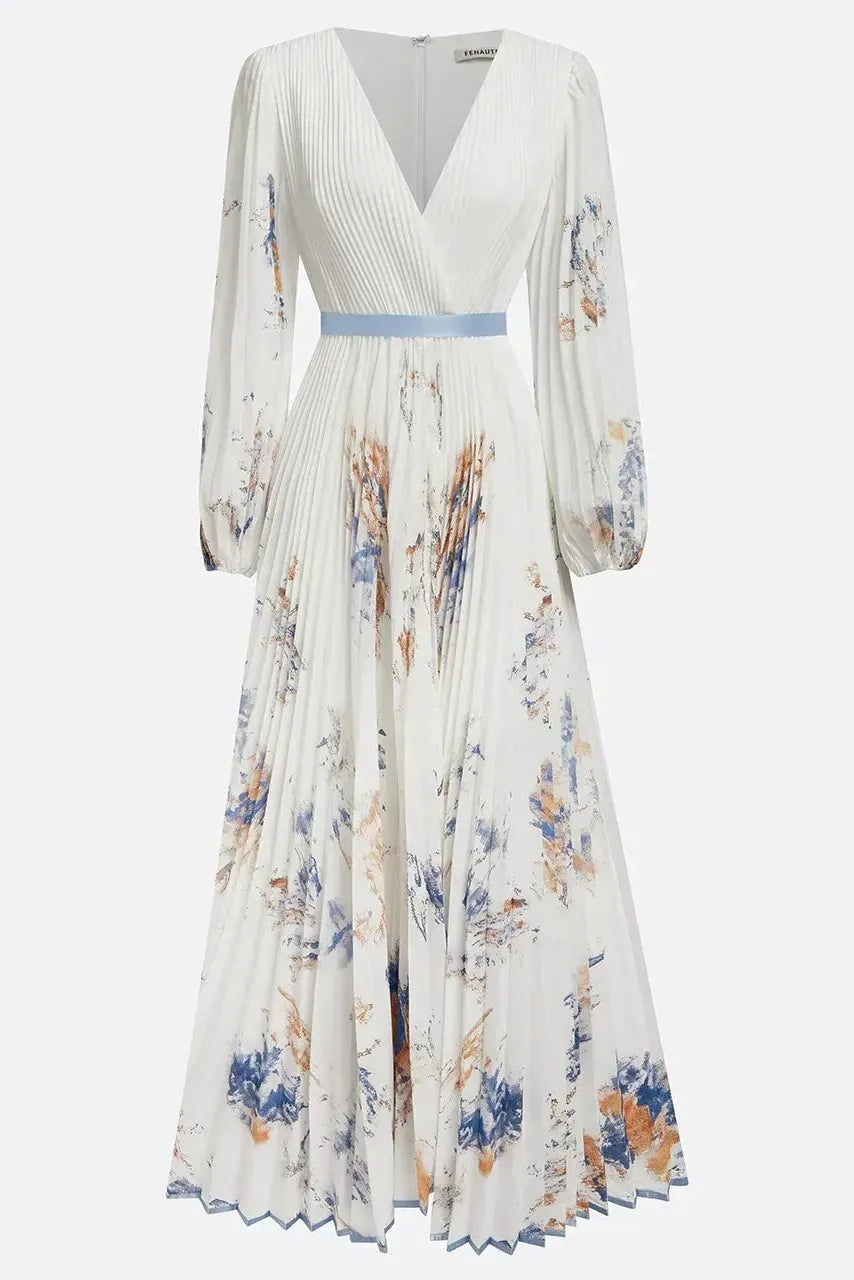 Halston - Elegant V-Neck Puff Sleeves Maxi Dress