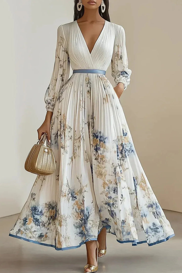 Halston - Elegant V-Neck Puff Sleeves Maxi Dress