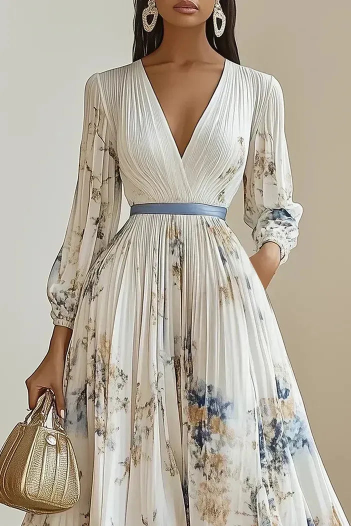 Halston - Elegant V-Neck Puff Sleeves Maxi Dress