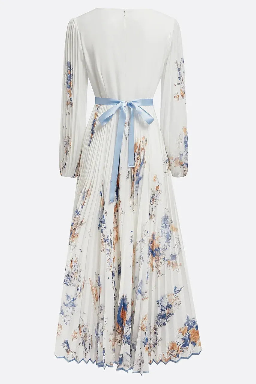 Halston - Elegant V-Neck Puff Sleeves Maxi Dress