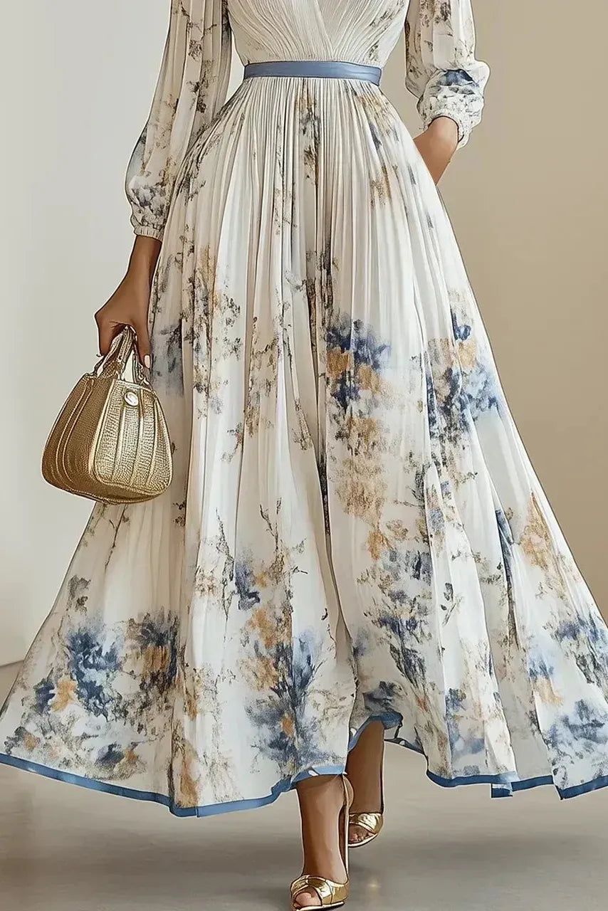 Halston - Elegant V-Neck Puff Sleeves Maxi Dress