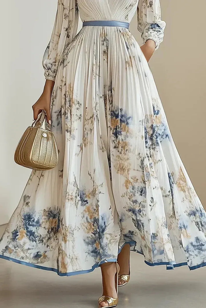 Halston - Elegant V-Neck Puff Sleeves Maxi Dress