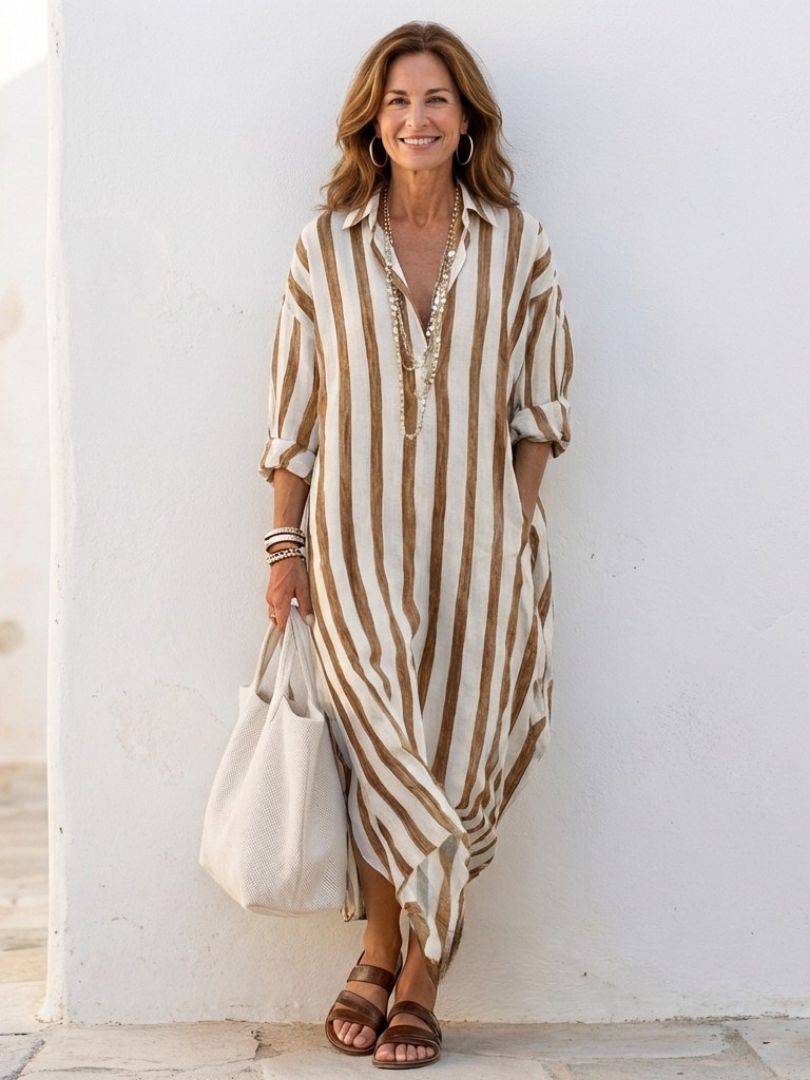 Naomi | Striped Midi Shirt Dress with Long Sleeves