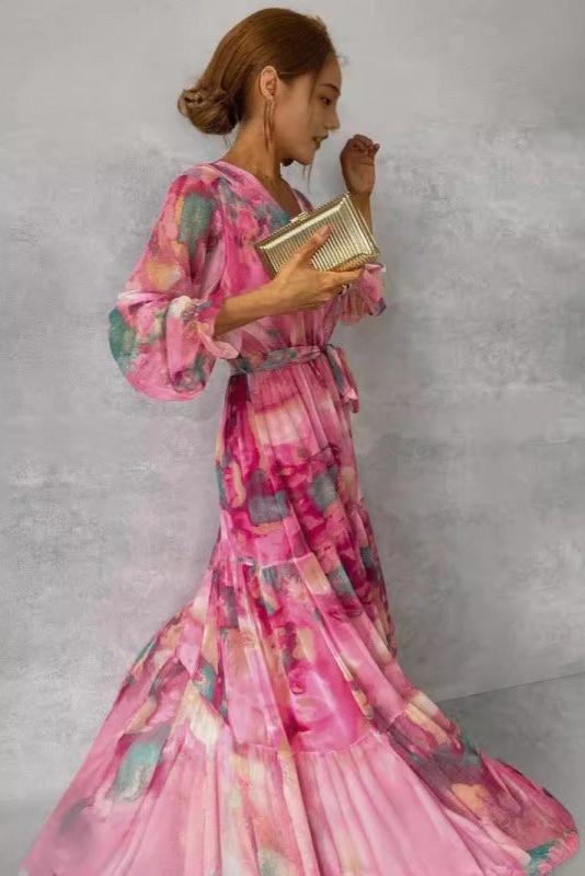 Trinity - Pleated V-Neck Boho Maxi Dress