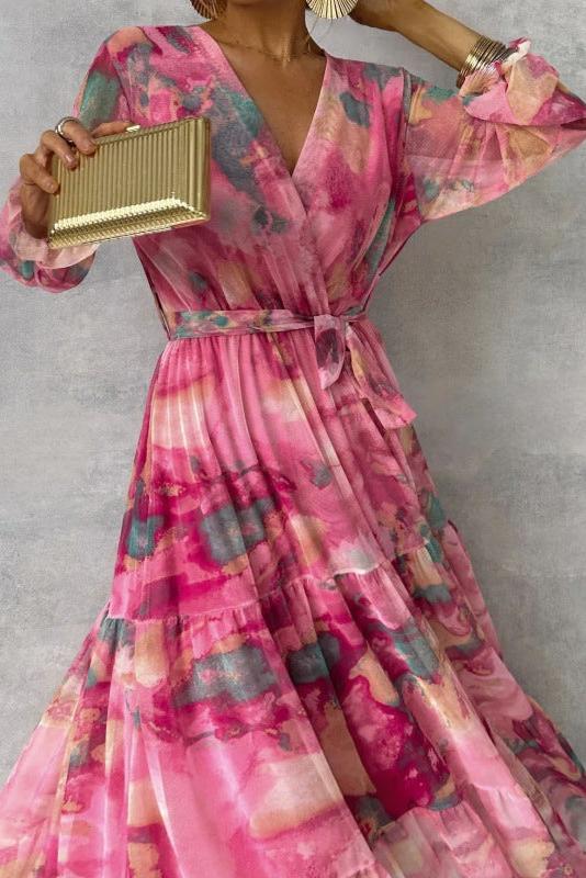 Trinity - Pleated V-Neck Boho Maxi Dress