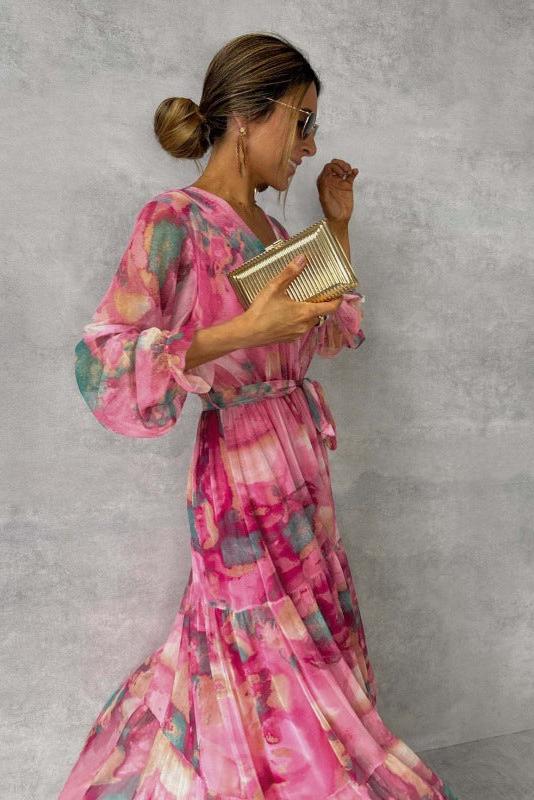 Trinity - Pleated V-Neck Boho Maxi Dress