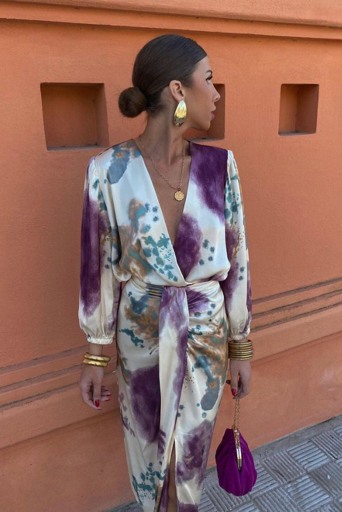 Davina - Elegant V-Neck Long Sleeve Split Maxi Dress