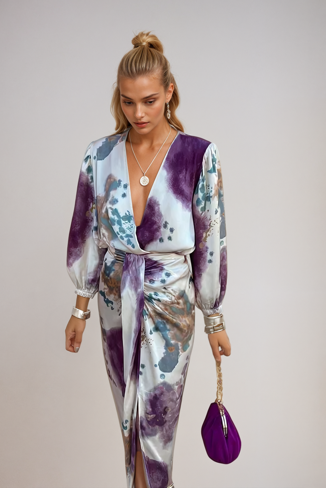 Davina - Elegant V-Neck Long Sleeve Split Maxi Dress