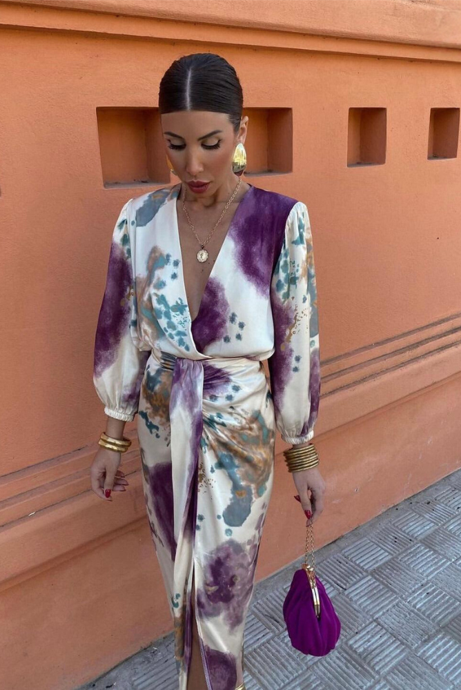Davina - Elegant V-Neck Long Sleeve Split Maxi Dress