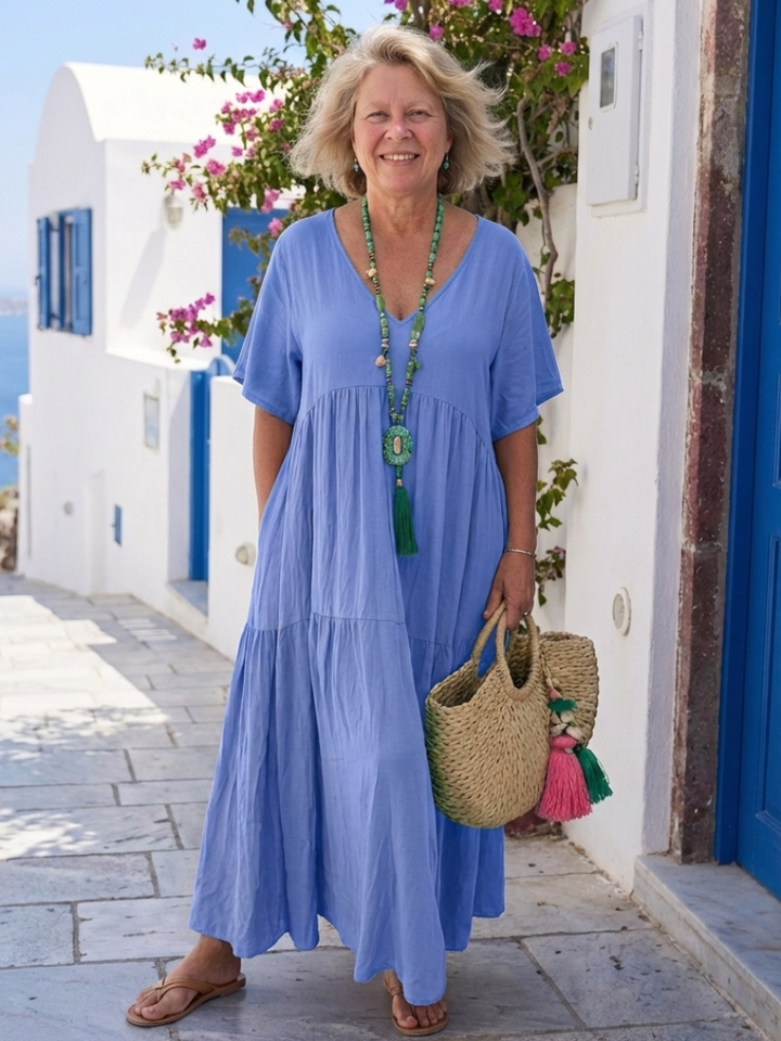 Zinnia | Blue Maxi Dress with Short Layered Sleeves