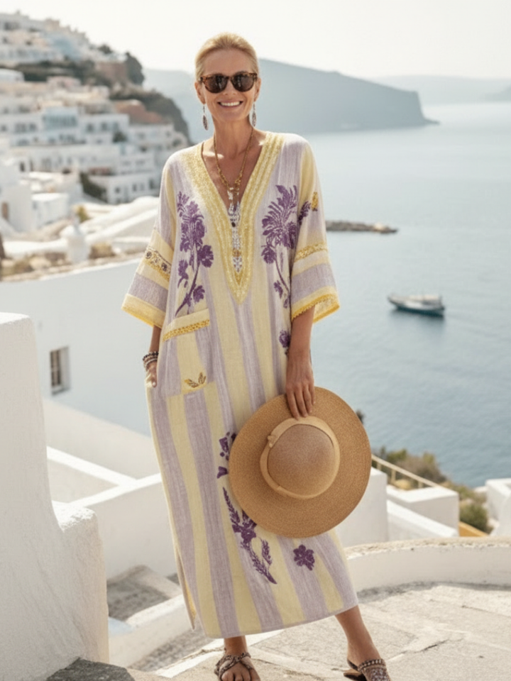 Aurelia | V-Neck Maxi Dress with Floral Stripes and Short Sleeves