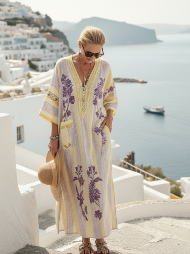 Aurelia | V-Neck Maxi Dress with Floral Stripes and Short Sleeves