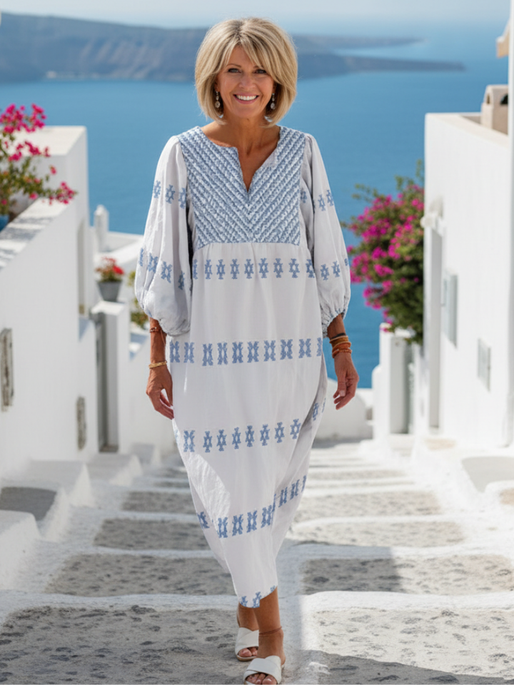 Evadne | V-Neck Long Sleeve Maxi Dress with Embroidery