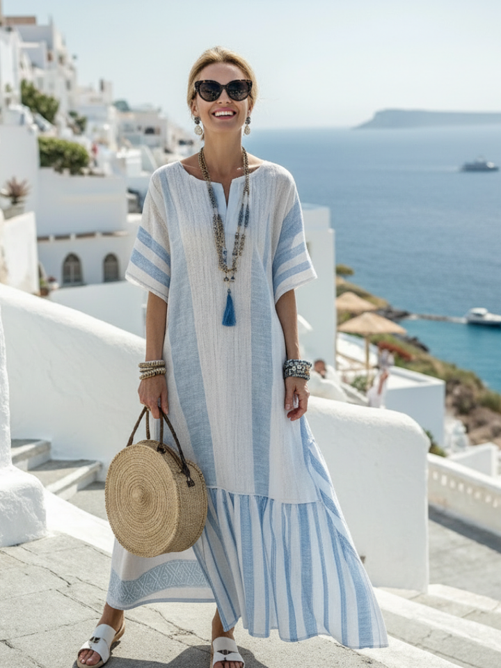 Ione | Striped Maxi Dress with Round Neck and Short Sleeves